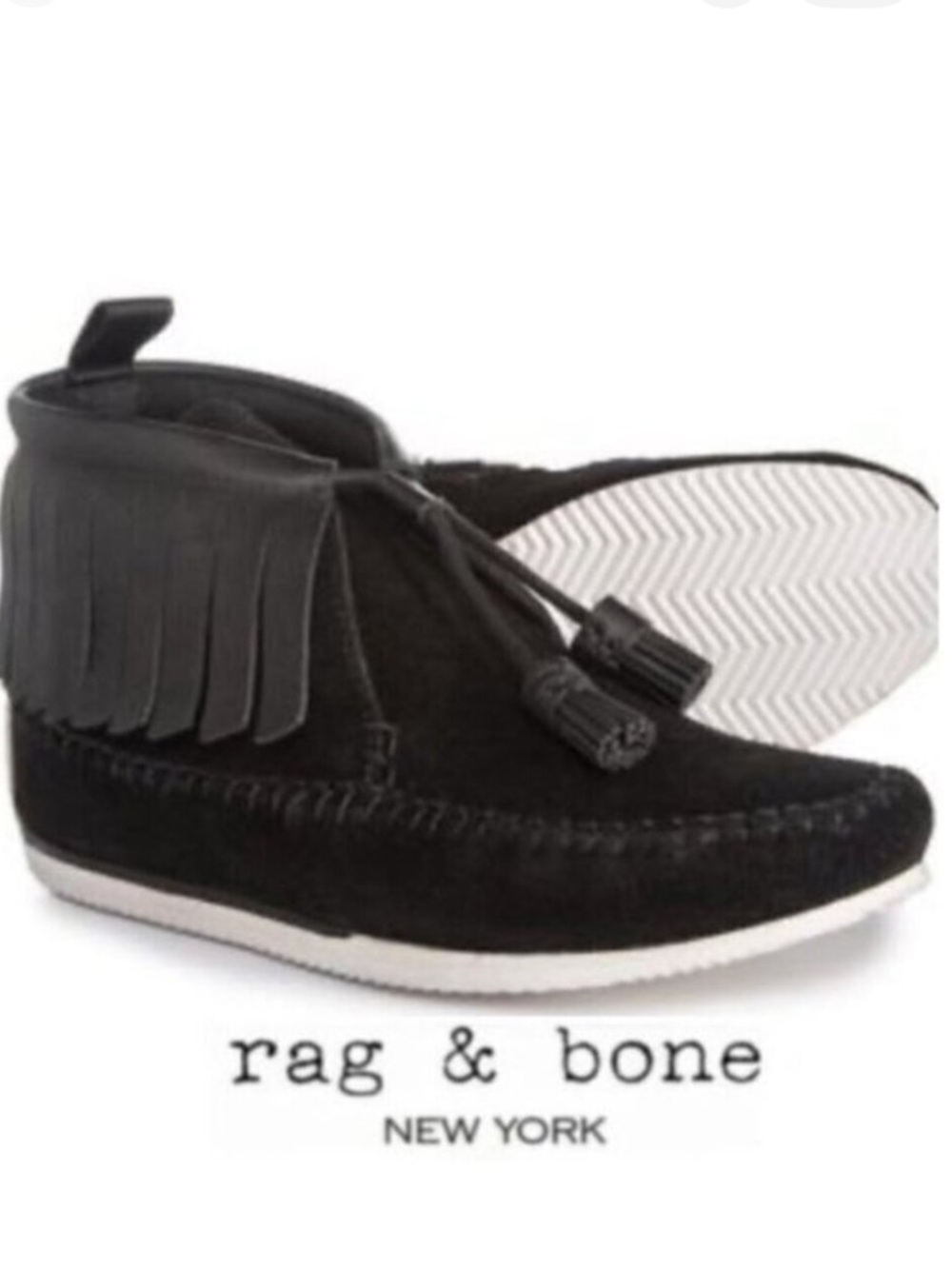 RAG & Bone Ghita Black Leather & Suede Moccasin Fringe Ankle Boots